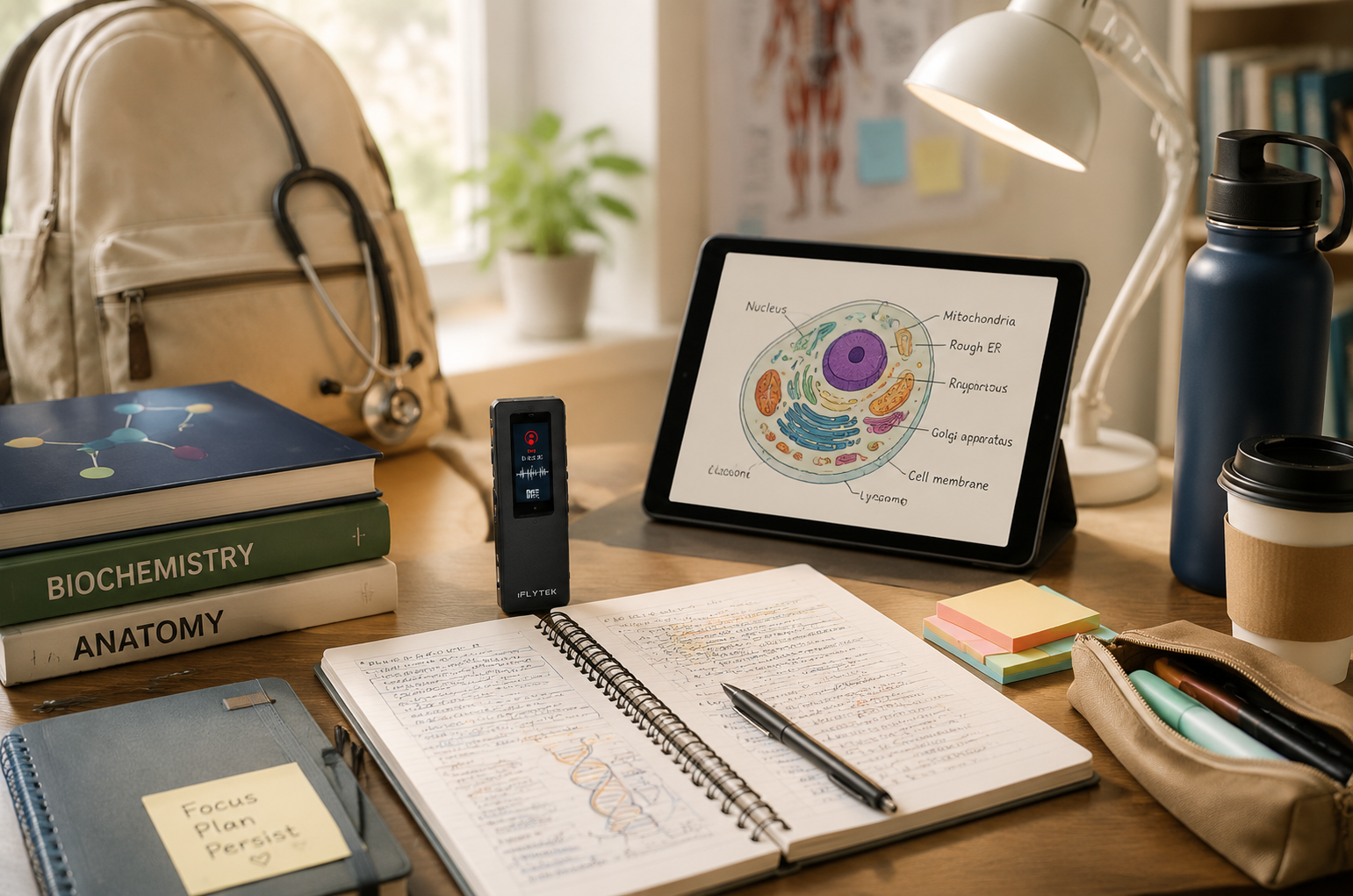 Premed study desk with notes and recorder