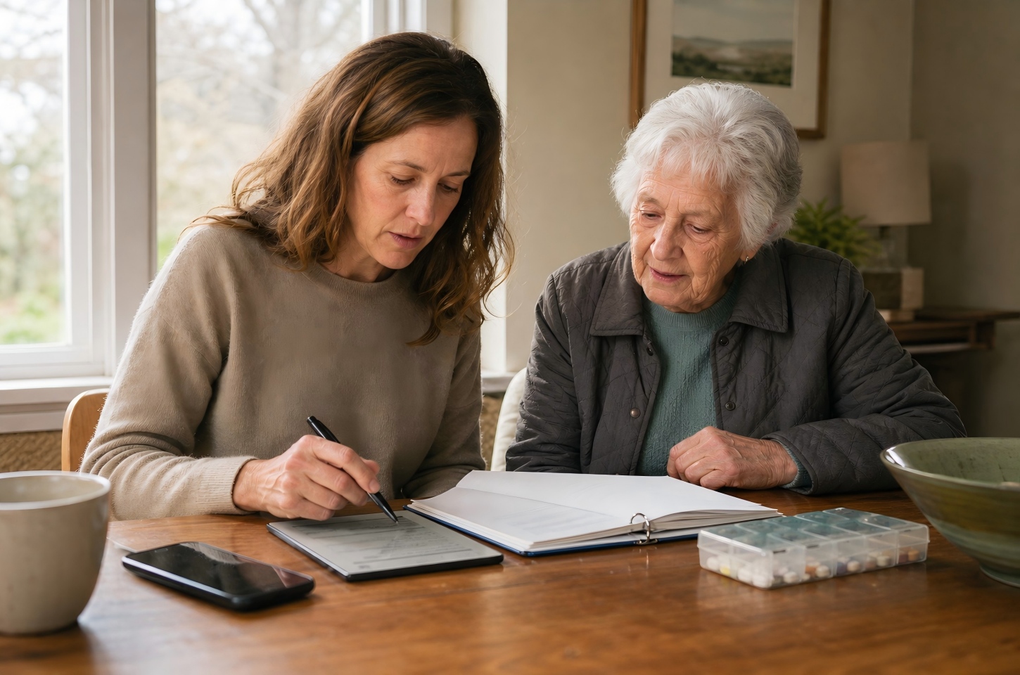Daughter organizing care notes with mother
