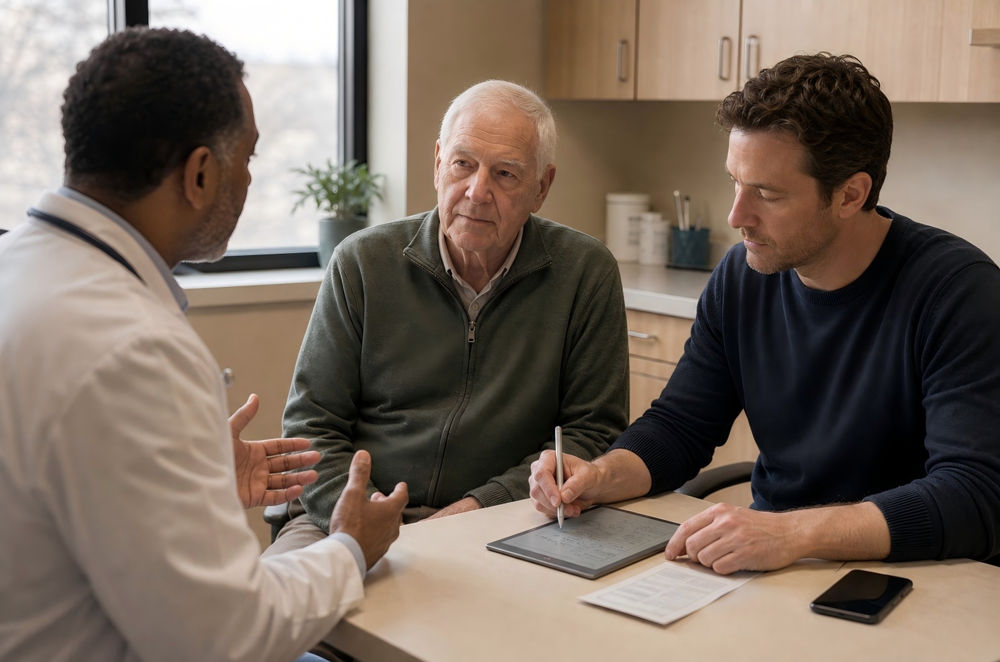 Son taking care notes during father's visit