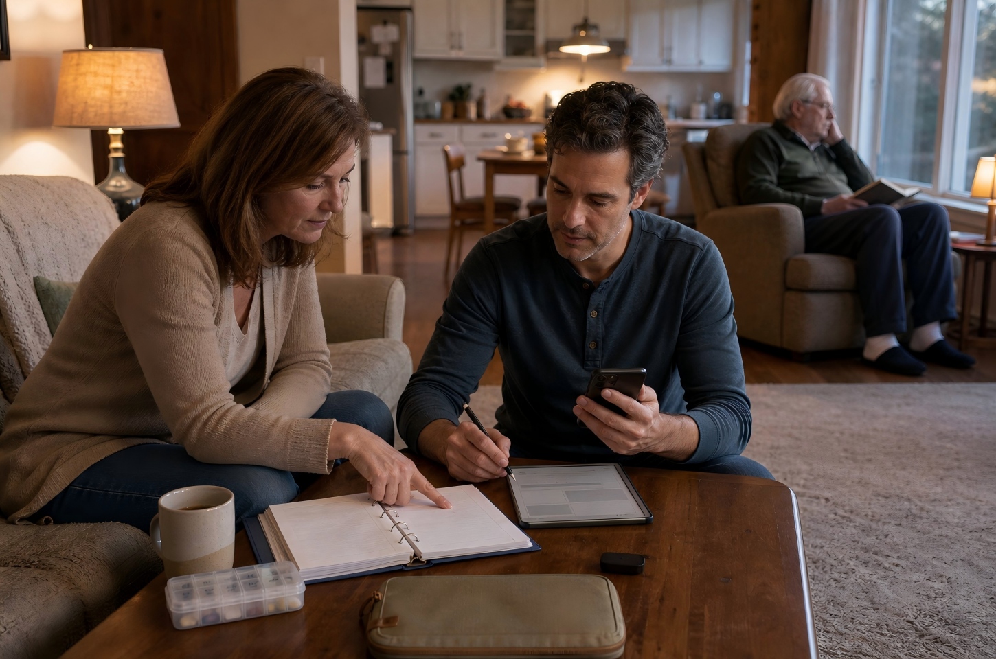 Siblings reviewing their father's care plan
