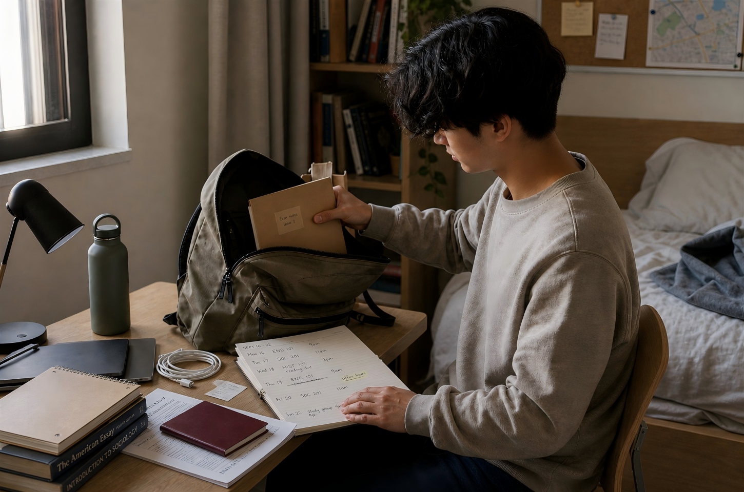 Student organizing F-1 forms for school