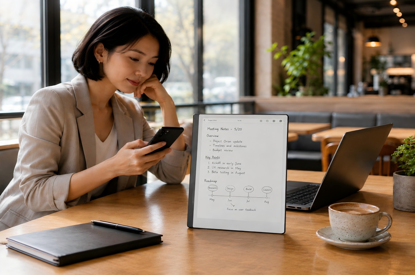 Woman using phone beside an E Ink tablet

