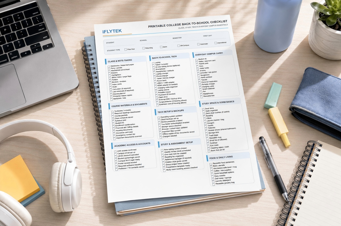 College back-to-school checklist on desk