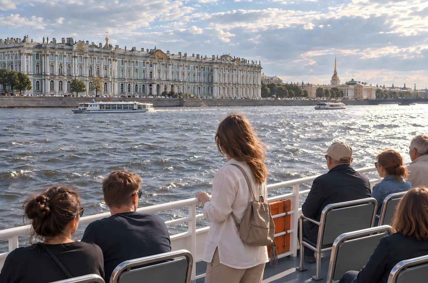Tourists viewing the Winter Palace from the Neva