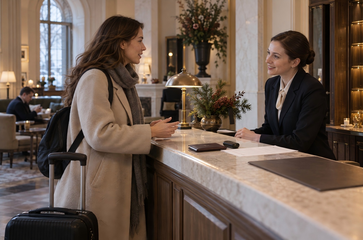 Traveler greeting a Russian hotel receptionist