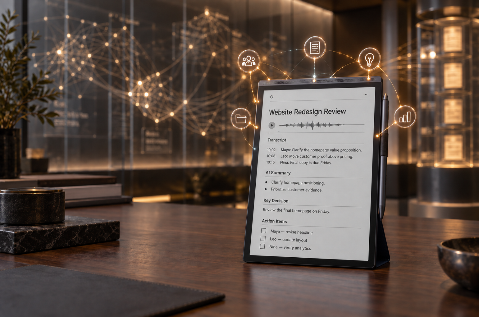 AI smart notebook organizing meeting notes and action items