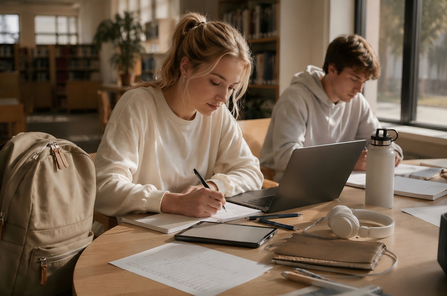 College students studying in library