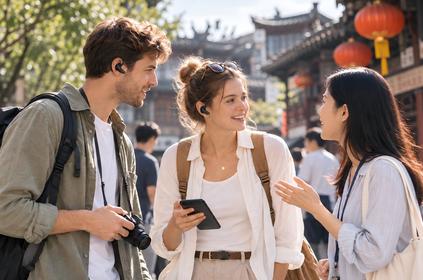 Travelers using translation earbuds in China