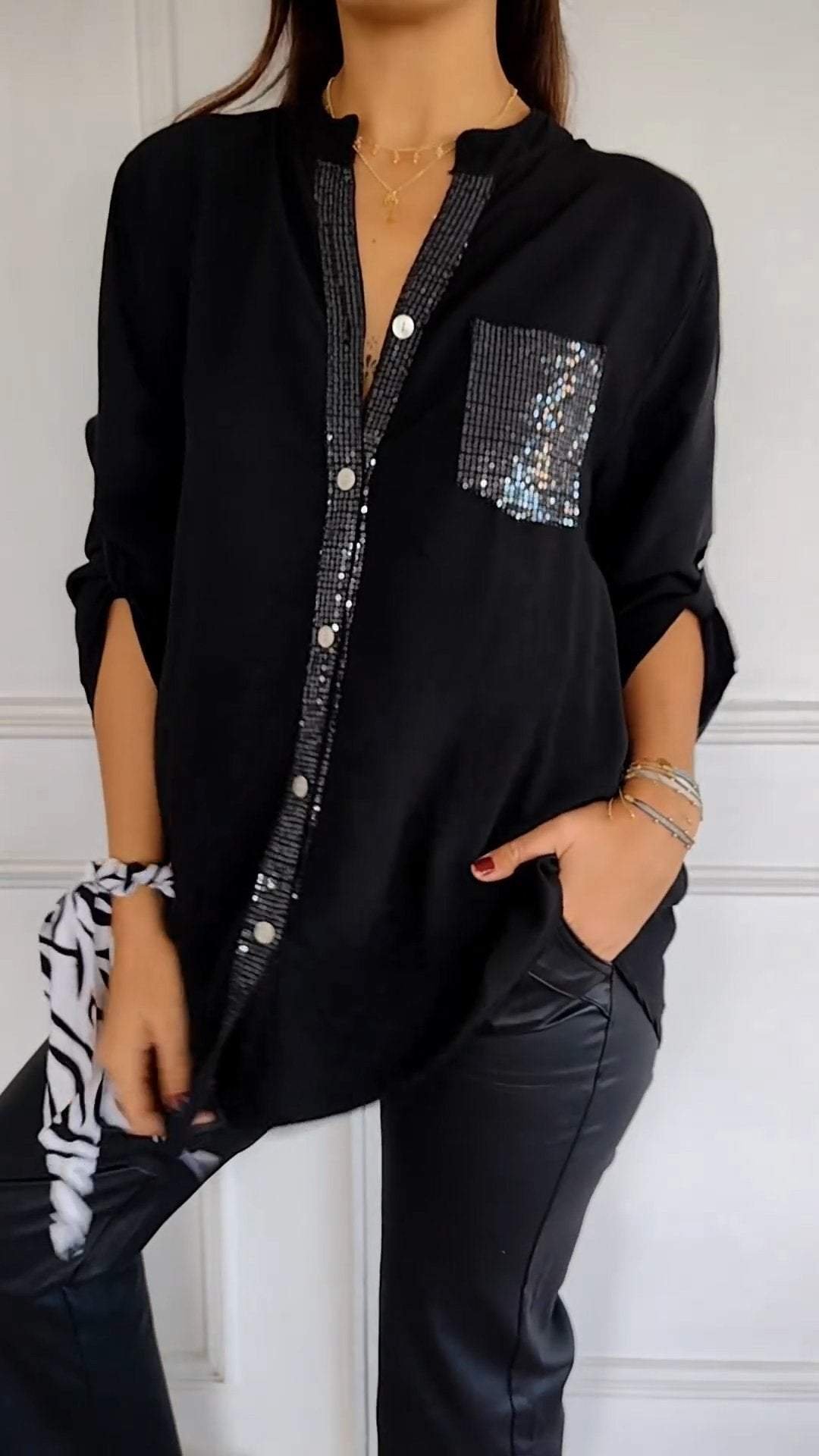 Cotton V-neck Sequin Mid-sleeve Casual Top (Buy 2 Free Shipping)