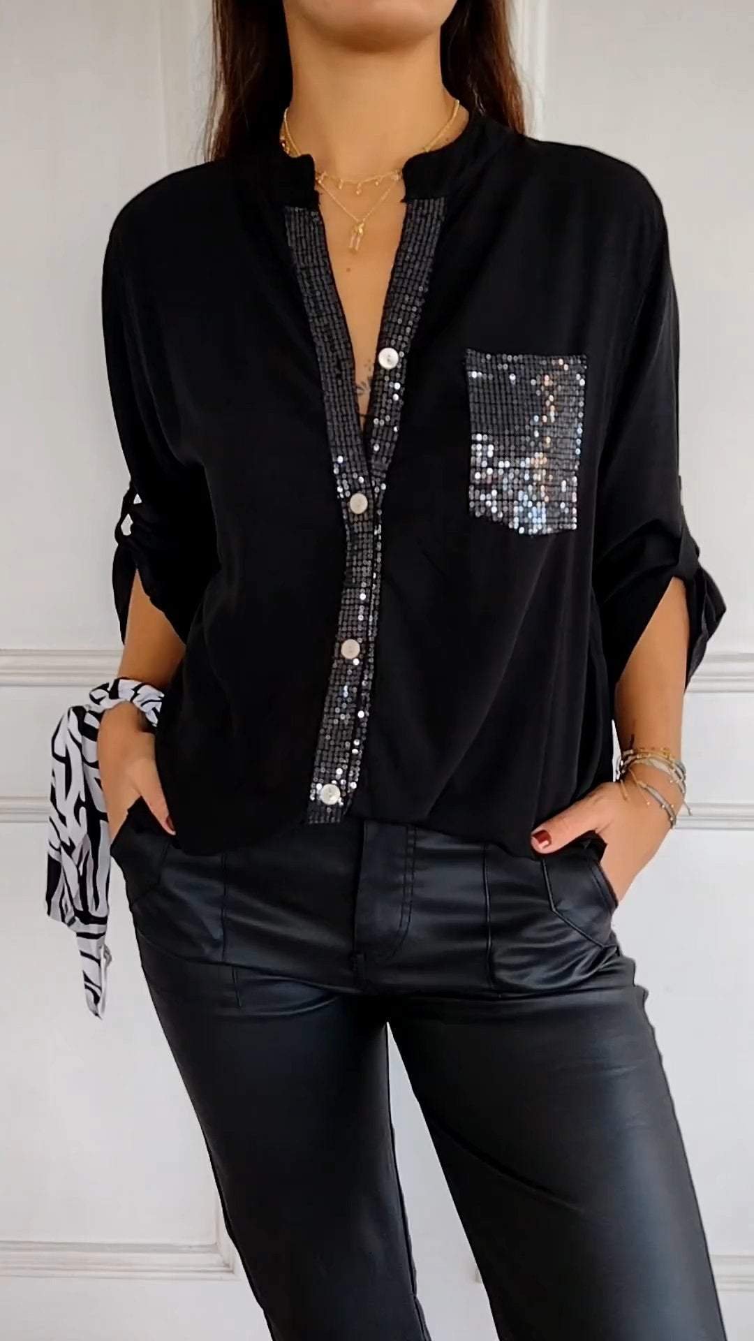Cotton V-neck Sequin Mid-sleeve Casual Top (Buy 2 Free Shipping)