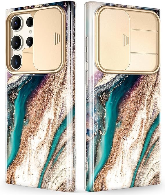 Samsung Galaxy S24 Ultra Case with Slide Camera Cover+Screen Protector, [Military Grade Shockproof] Marble Protective Phone Case for S24 Ultra 5G 6.8"