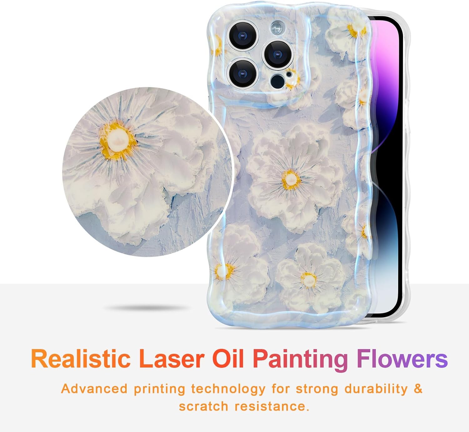 Wellemp Case for iPhone 15 Pro Max, Colorful Retro Oil Painting Printed Flower Laser Glossy Pattern Cute Curly Wave Edge Exquisite Phone Cover Stylish Durable TPU Protective Case for Girls Women