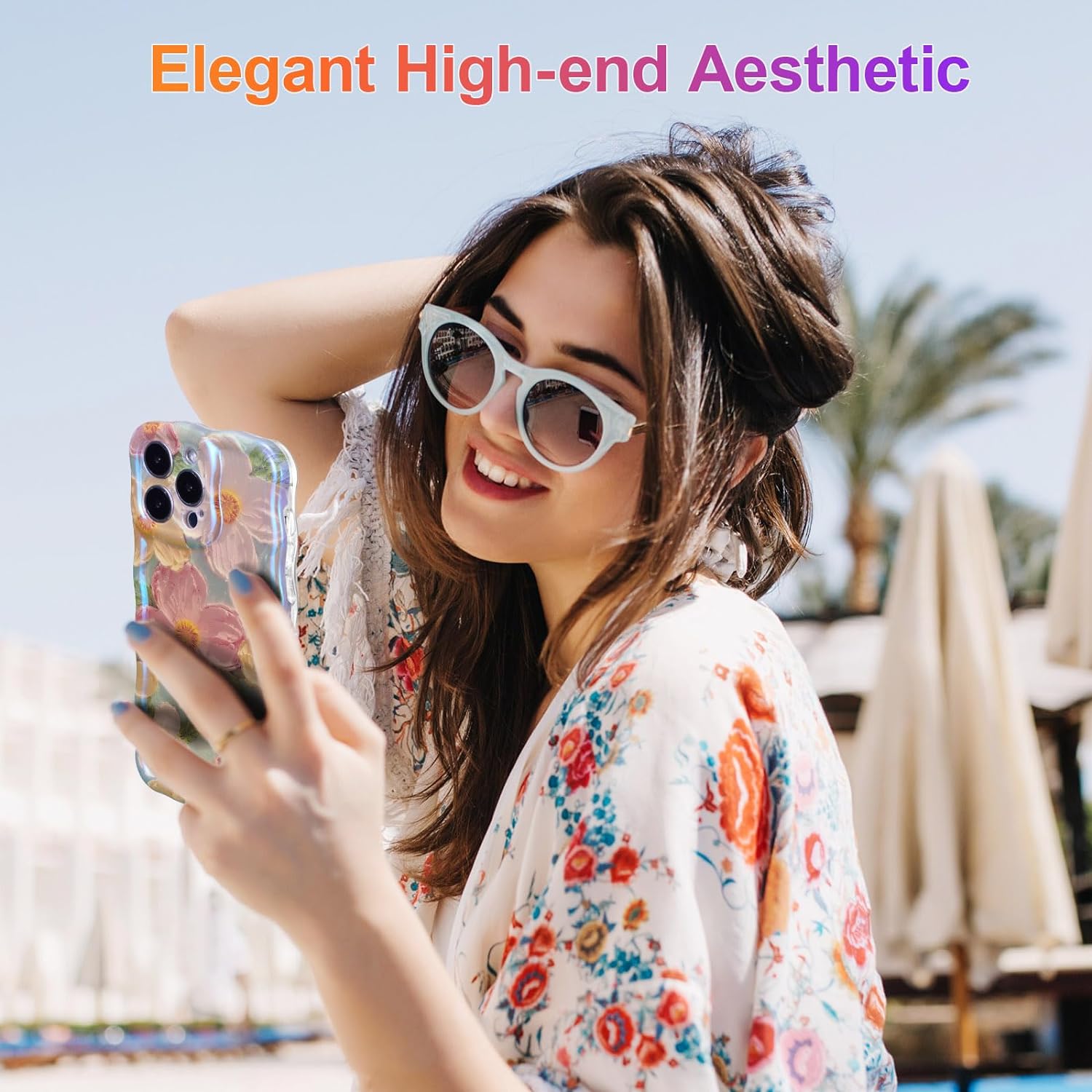 Wellemp Case for iPhone 15 Pro Max, Colorful Retro Oil Painting Printed Flower Laser Glossy Pattern Cute Curly Wave Edge Exquisite Phone Cover Stylish Durable TPU Protective Case for Girls Women