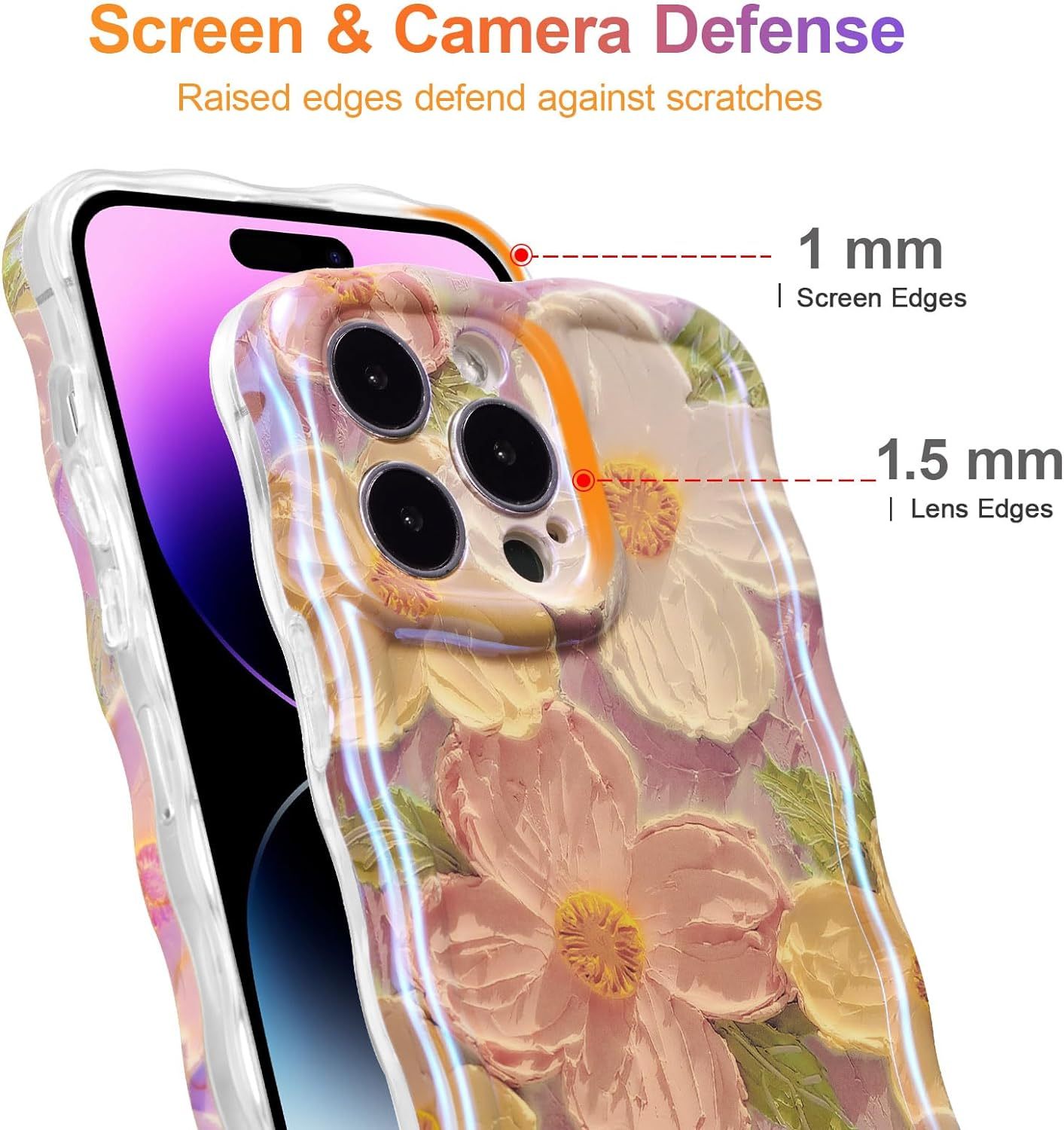 Wellemp Case for iPhone 15 Pro Max, Colorful Retro Oil Painting Printed Flower Laser Glossy Pattern Cute Curly Wave Edge Exquisite Phone Cover Stylish Durable TPU Protective Case for Girls Women
