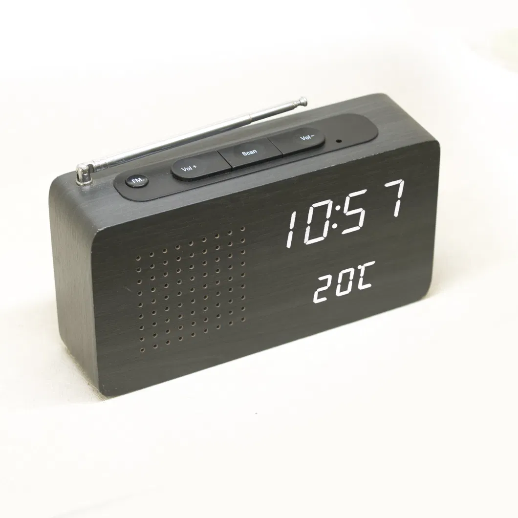 Wooden LED Digital FM Radio Alarm Clock with Temperature Sound Control