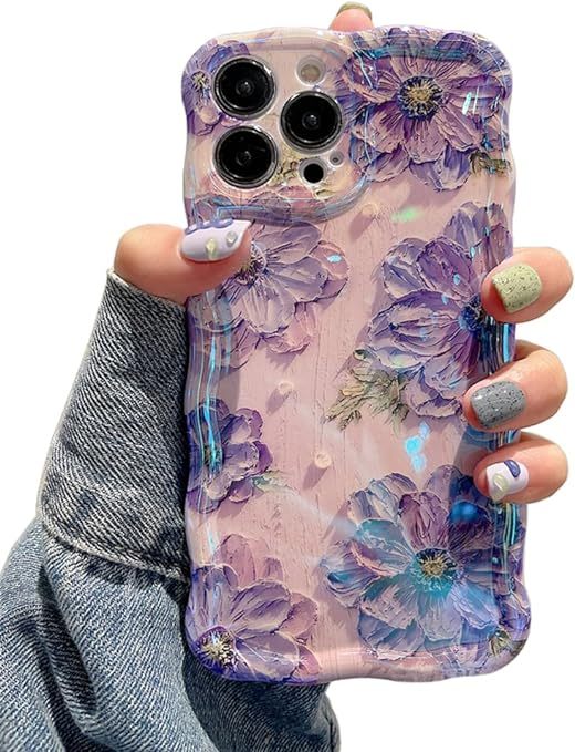 Wellemp Case for iPhone 15 Pro Max, Colorful Retro Oil Painting Printed Flower Laser Glossy Pattern Cute Curly Wave Edge Exquisite Phone Cover Stylish Durable TPU Protective Case for Girls Women