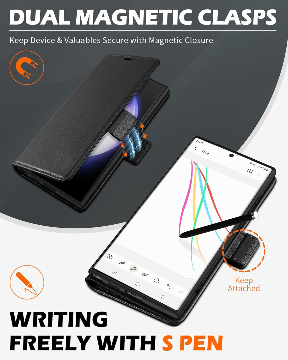 Phone case for Galaxy S24 Ultra 5G 6.8", Genuine Leather S24 Ultra Wallet Folio Case Magnetic Closure RFID Blocking Card Slot Kickstand Protective Case Compatible with Galaxy S24 Ultra 2024