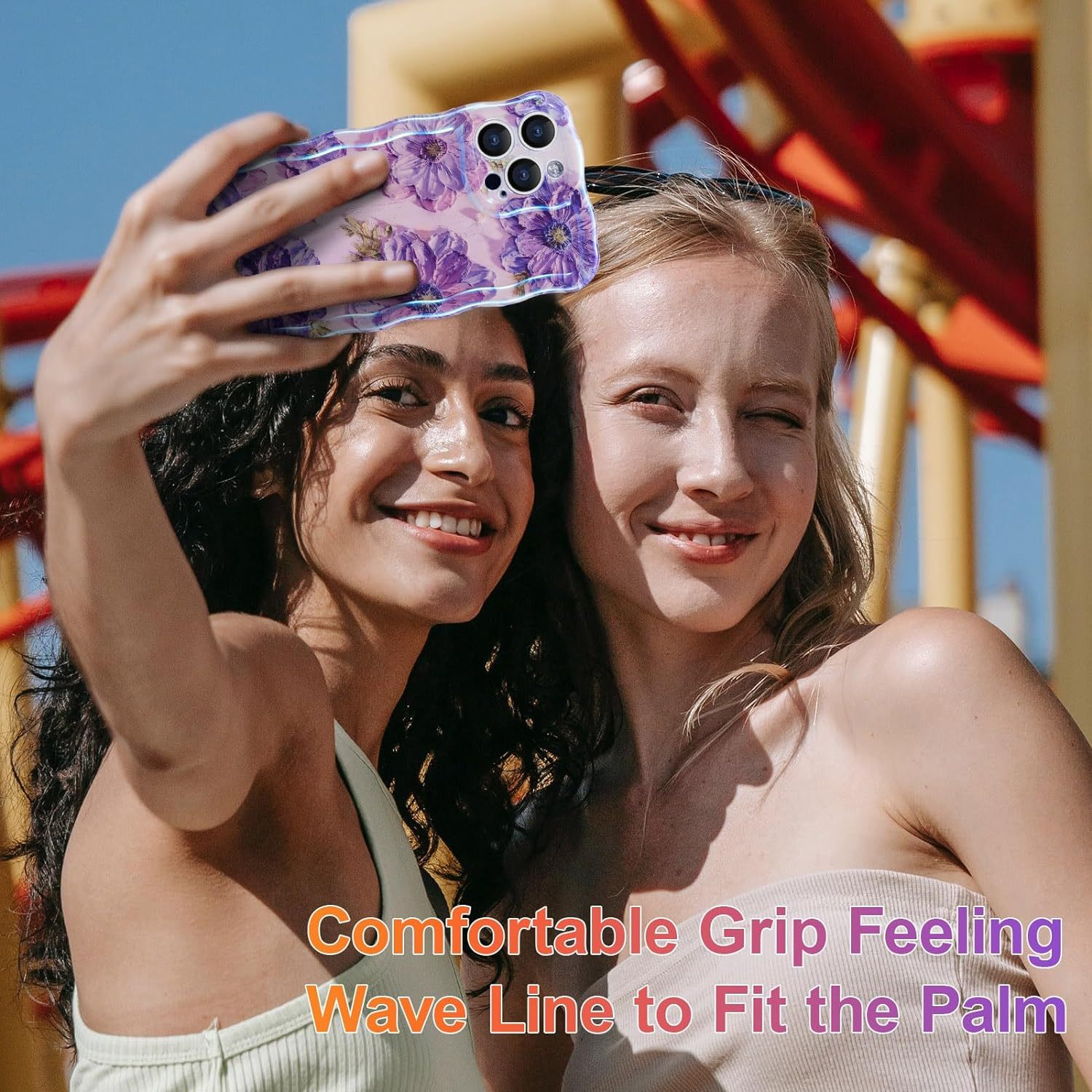 Wellemp Case for iPhone 15 Pro Max, Colorful Retro Oil Painting Printed Flower Laser Glossy Pattern Cute Curly Wave Edge Exquisite Phone Cover Stylish Durable TPU Protective Case for Girls Women