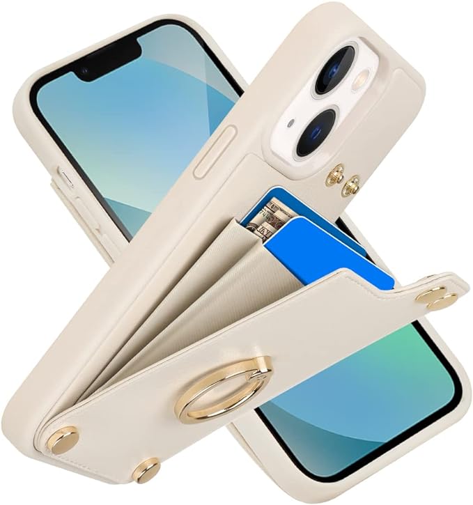 LAMEEKU Wallet Case Compatible with iPhone 14, Case with Card Holder, RFID Blocking Leather Cover 360°Rotation Ring Kickstand Protective Bumper Designed for Apple iPhone 14 6.1'' (2022) Beige