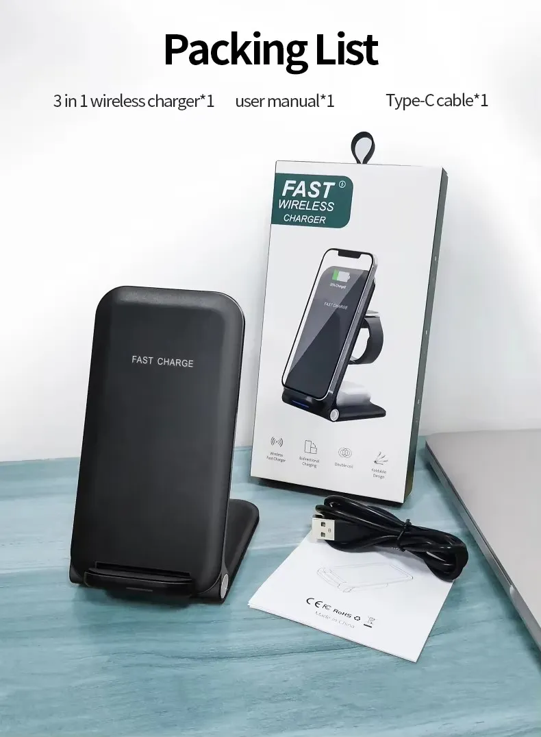 3-in-1 Foldable Wireless Charger Stand for Fast Charging Phone Dock Station