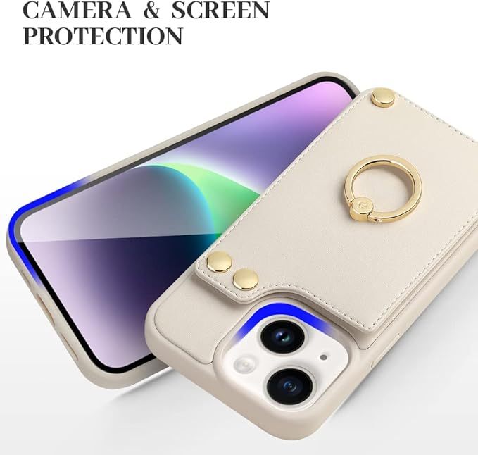 LAMEEKU Wallet Case Compatible with iPhone 14, Case with Card Holder, RFID Blocking Leather Cover 360°Rotation Ring Kickstand Protective Bumper Designed for Apple iPhone 14 6.1'' (2022) Beige