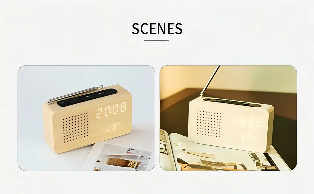 Wooden LED Digital FM Radio Alarm Clock with Temperature Sound Control