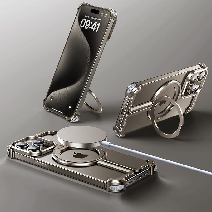 iPhone 15 Pro Frameless Case, Sleek Minimalist Protective Shock Absorption Aerospace Grade Aluminum Shells with Built-in Kickstand Phone Case (Natural Titanium, iPhone 15 Pro)