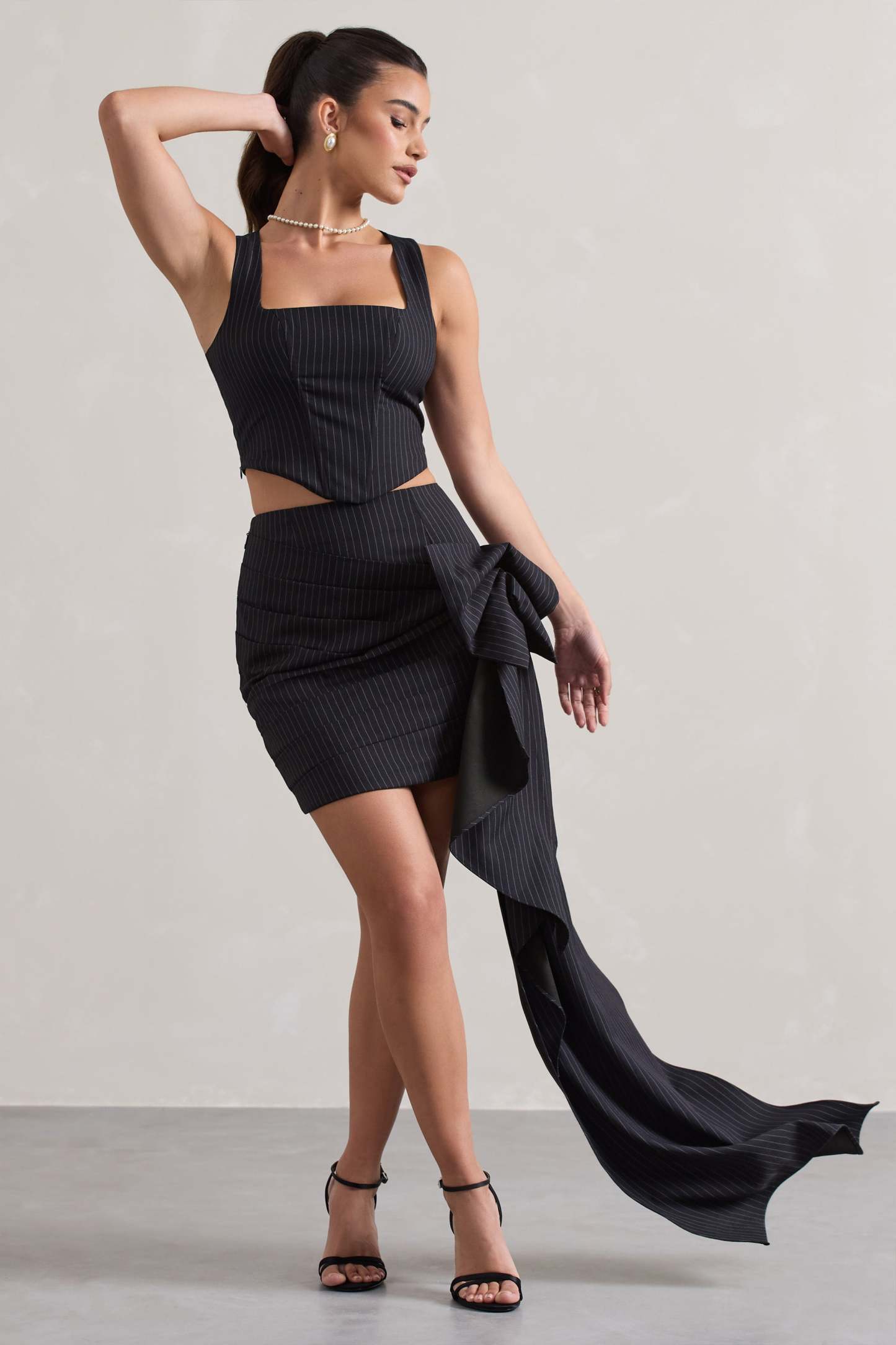 Navy Pinstripe Wrap Mini Skirt With Side Drape