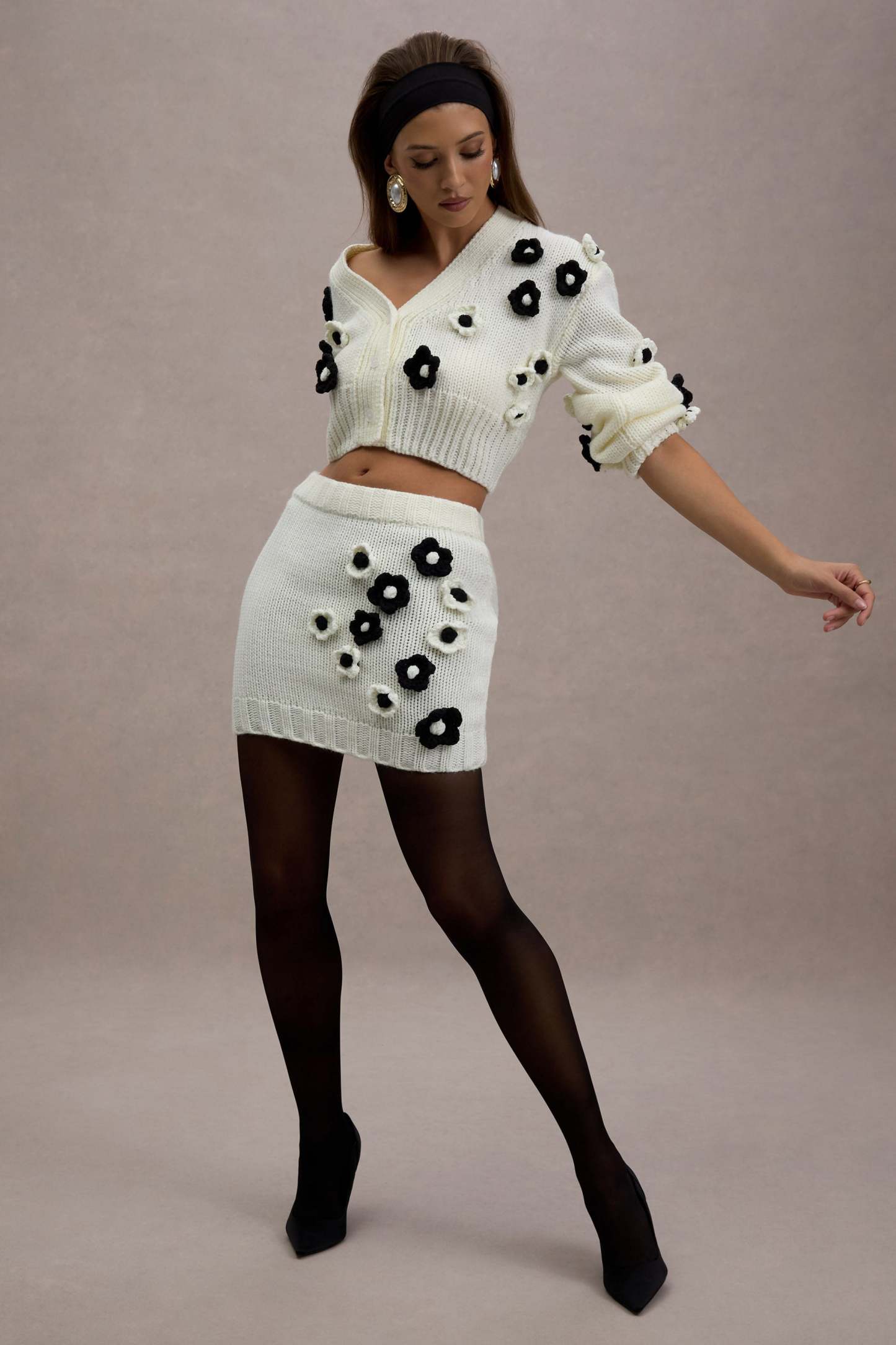 Cream & Black Knit Floral Mini Skirt