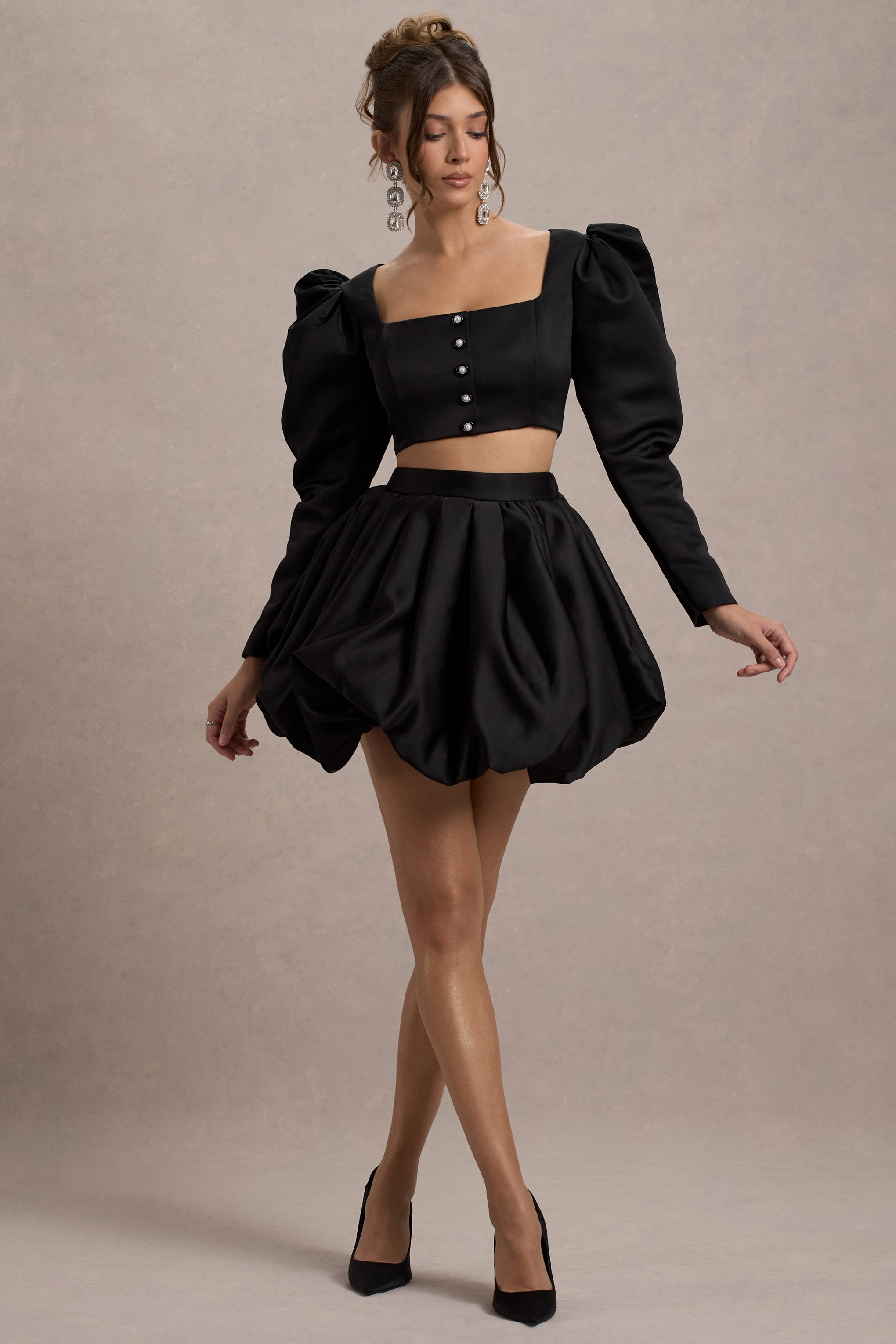 Black Satin Bubble Mini Skirt