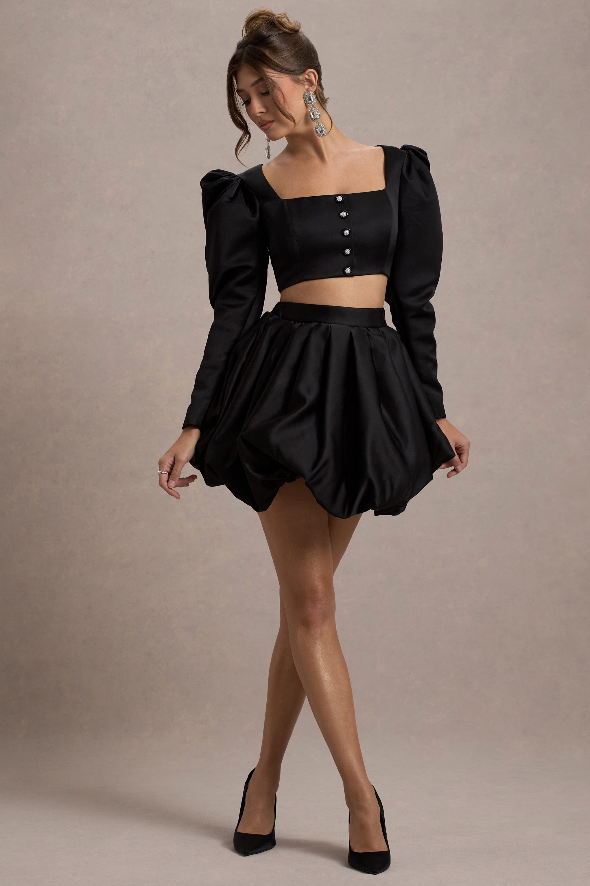 Black Satin Bubble Mini Skirt