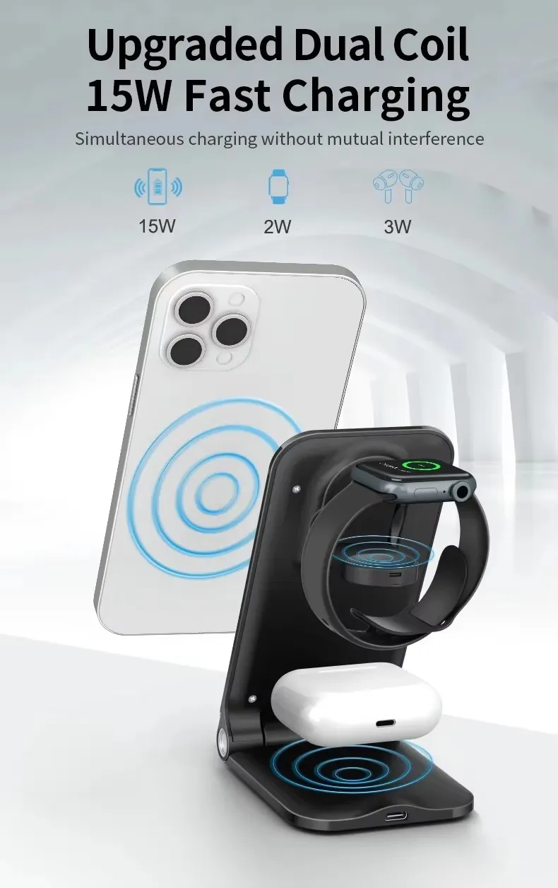 3-in-1 Foldable Wireless Charger Stand for Fast Charging Phone Dock Station