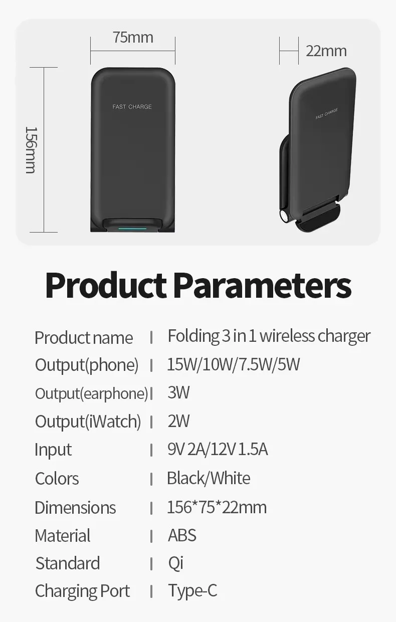 3-in-1 Foldable Wireless Charger Stand for Fast Charging Phone Dock Station