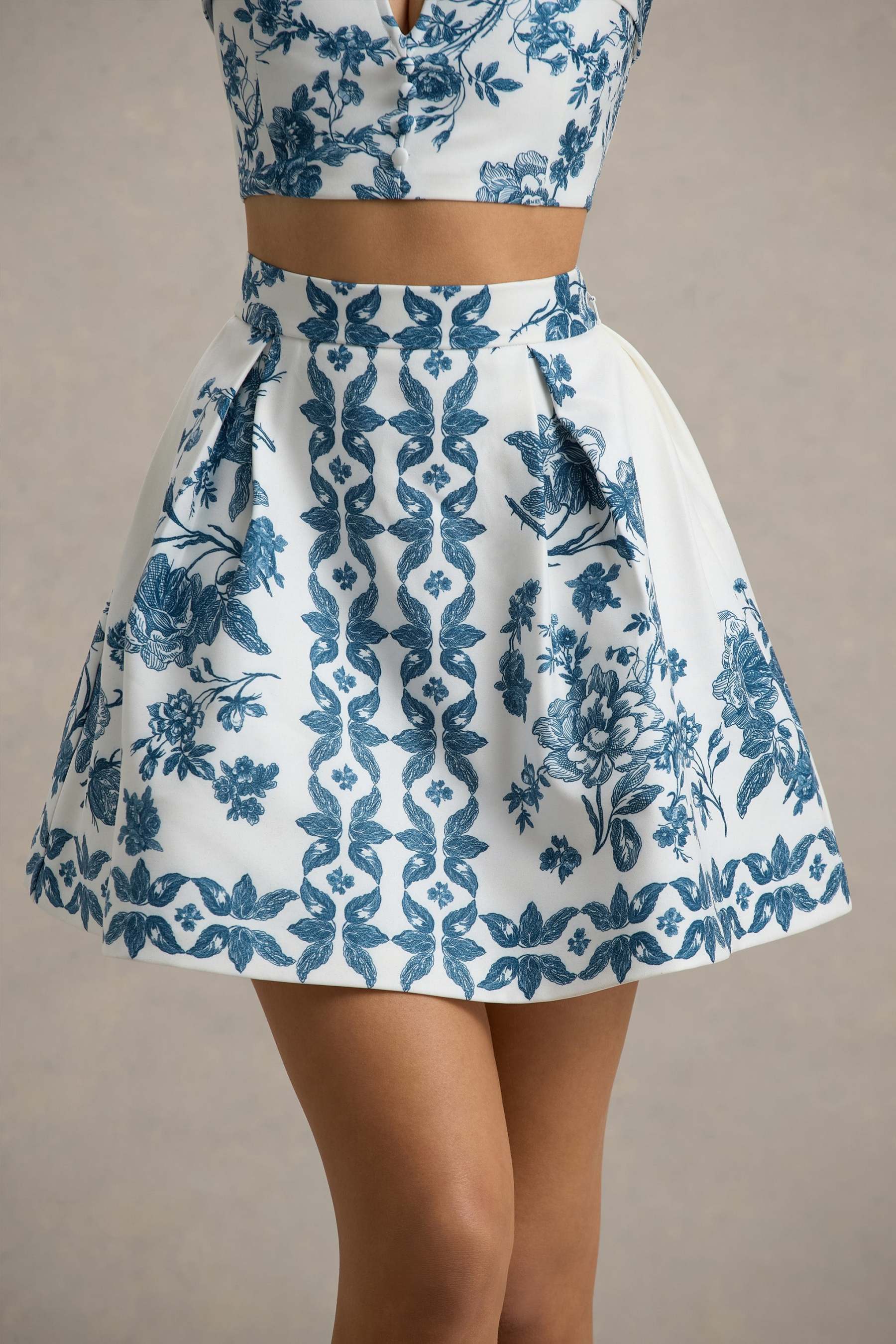 Blue Porcelain Print Skater Mini Skirt