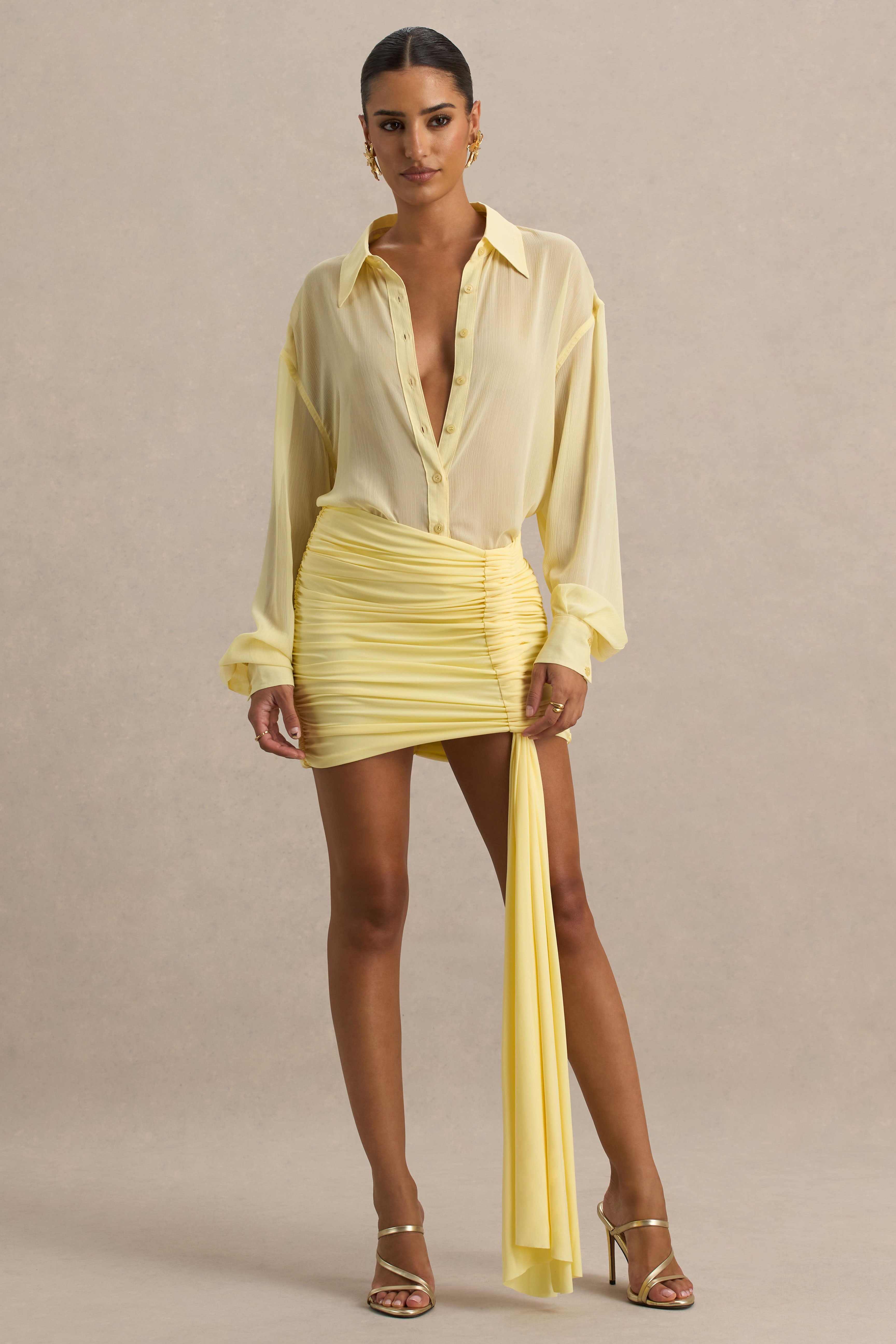 Lemon Ruched Wrap Mini Skirt With Sash