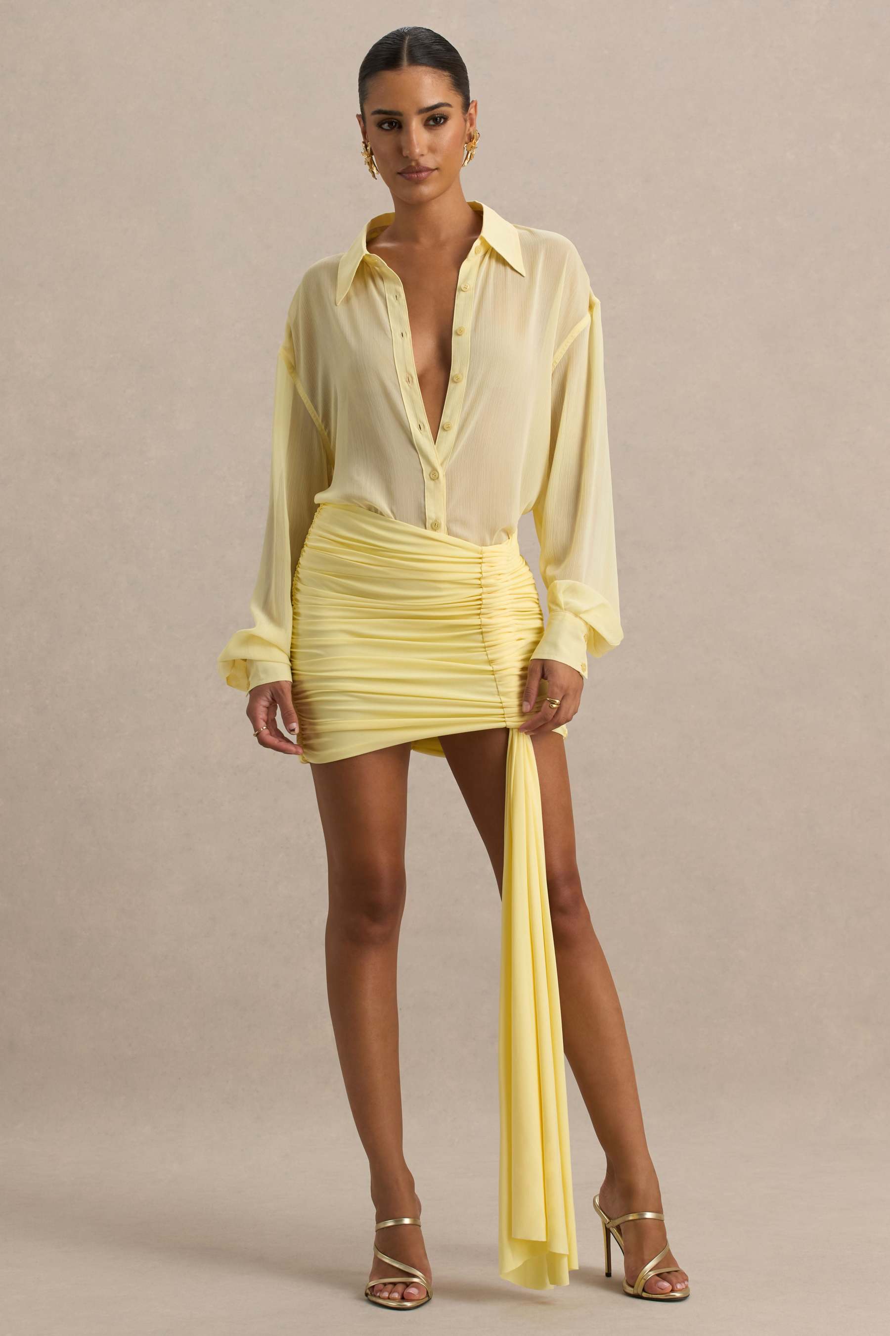Lemon Ruched Wrap Mini Skirt With Sash