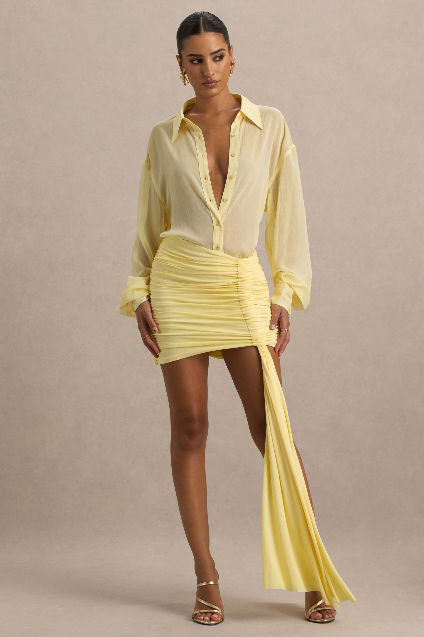 Lemon Ruched Wrap Mini Skirt With Sash