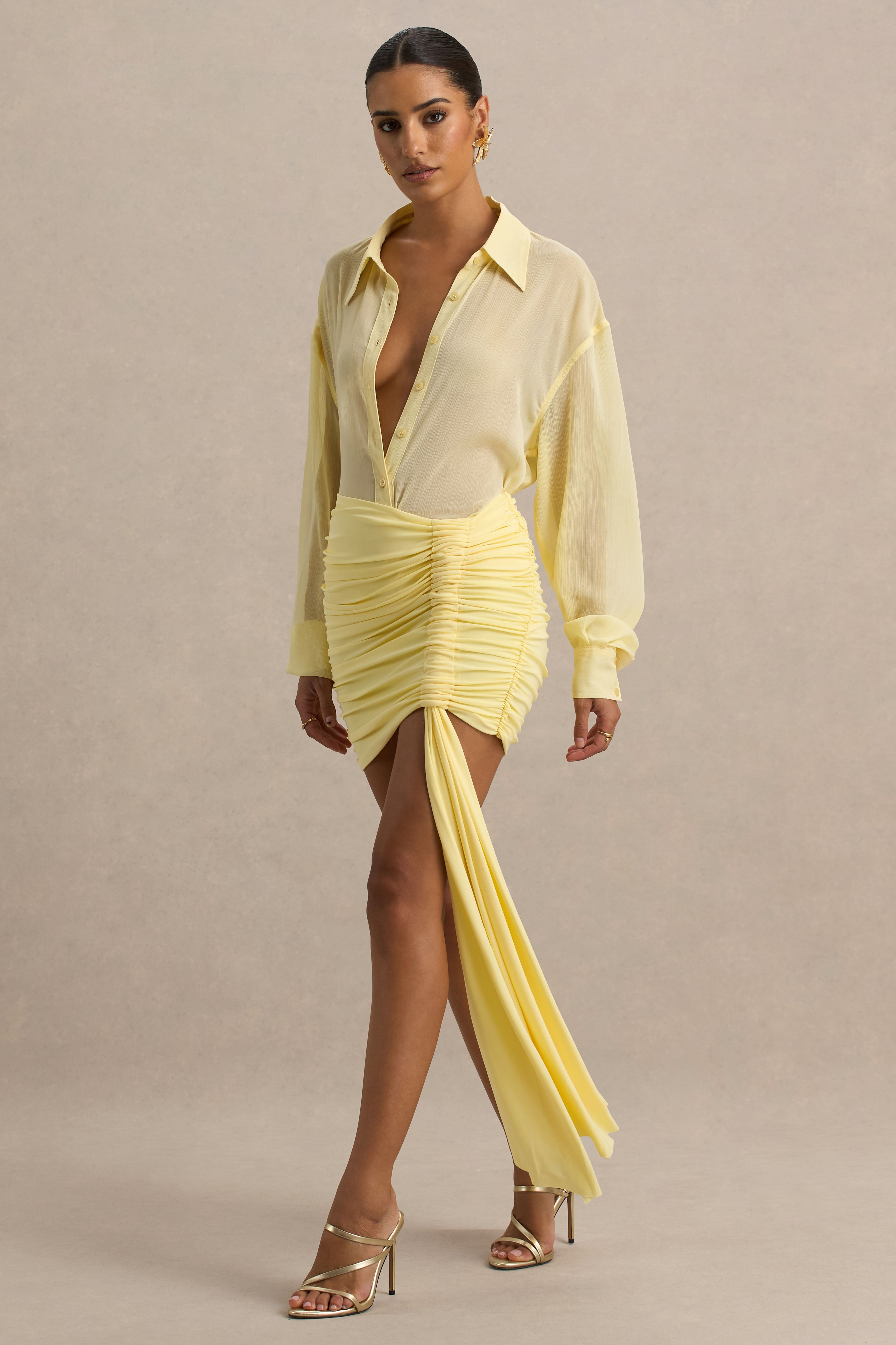 Lemon Ruched Wrap Mini Skirt With Sash