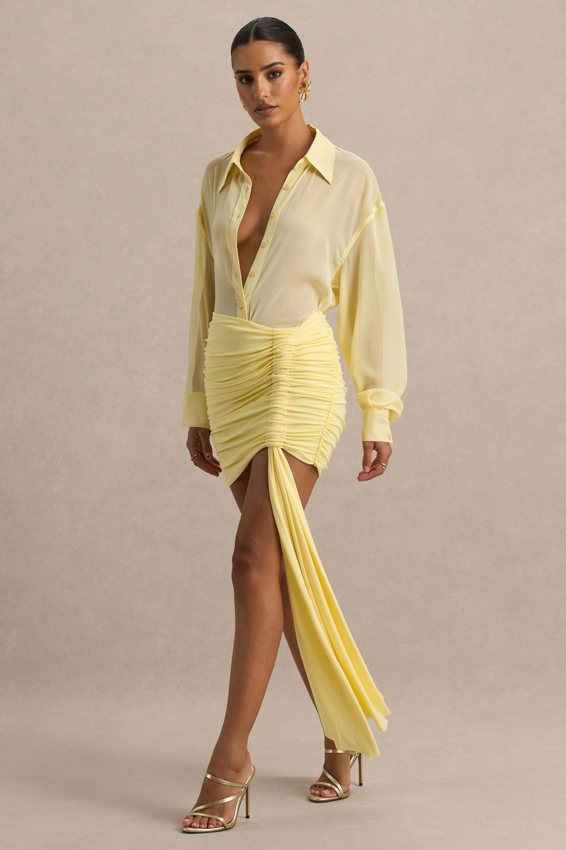 Lemon Ruched Wrap Mini Skirt With Sash