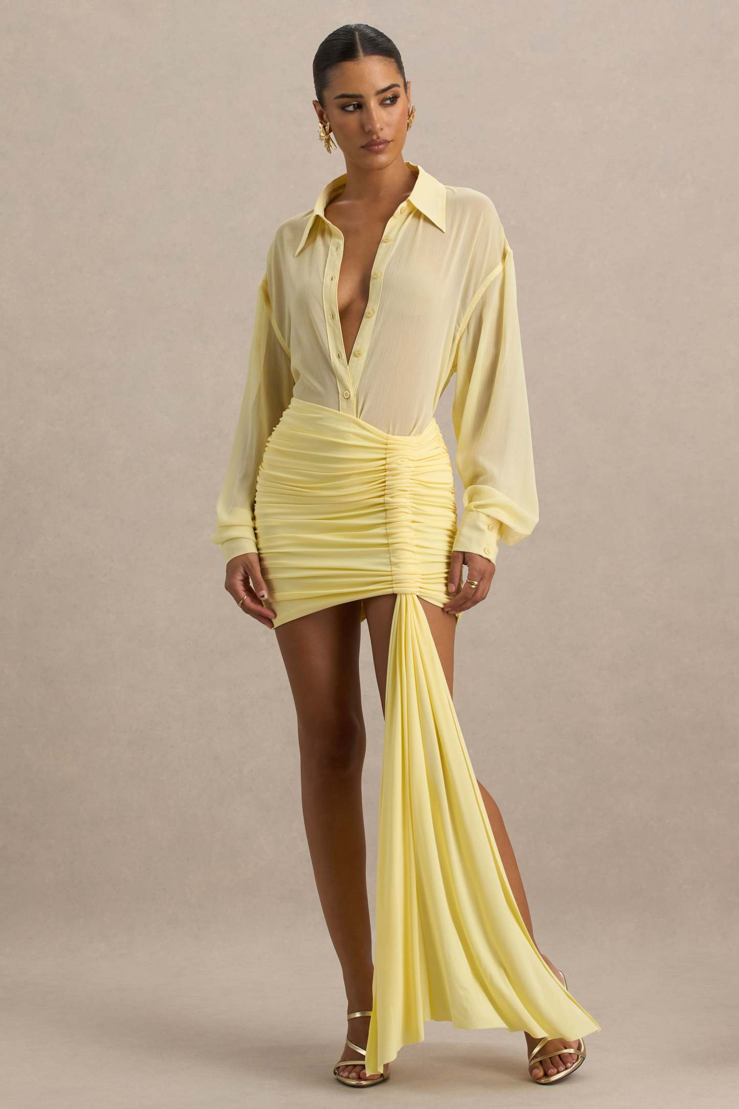 Lemon Ruched Wrap Mini Skirt With Sash