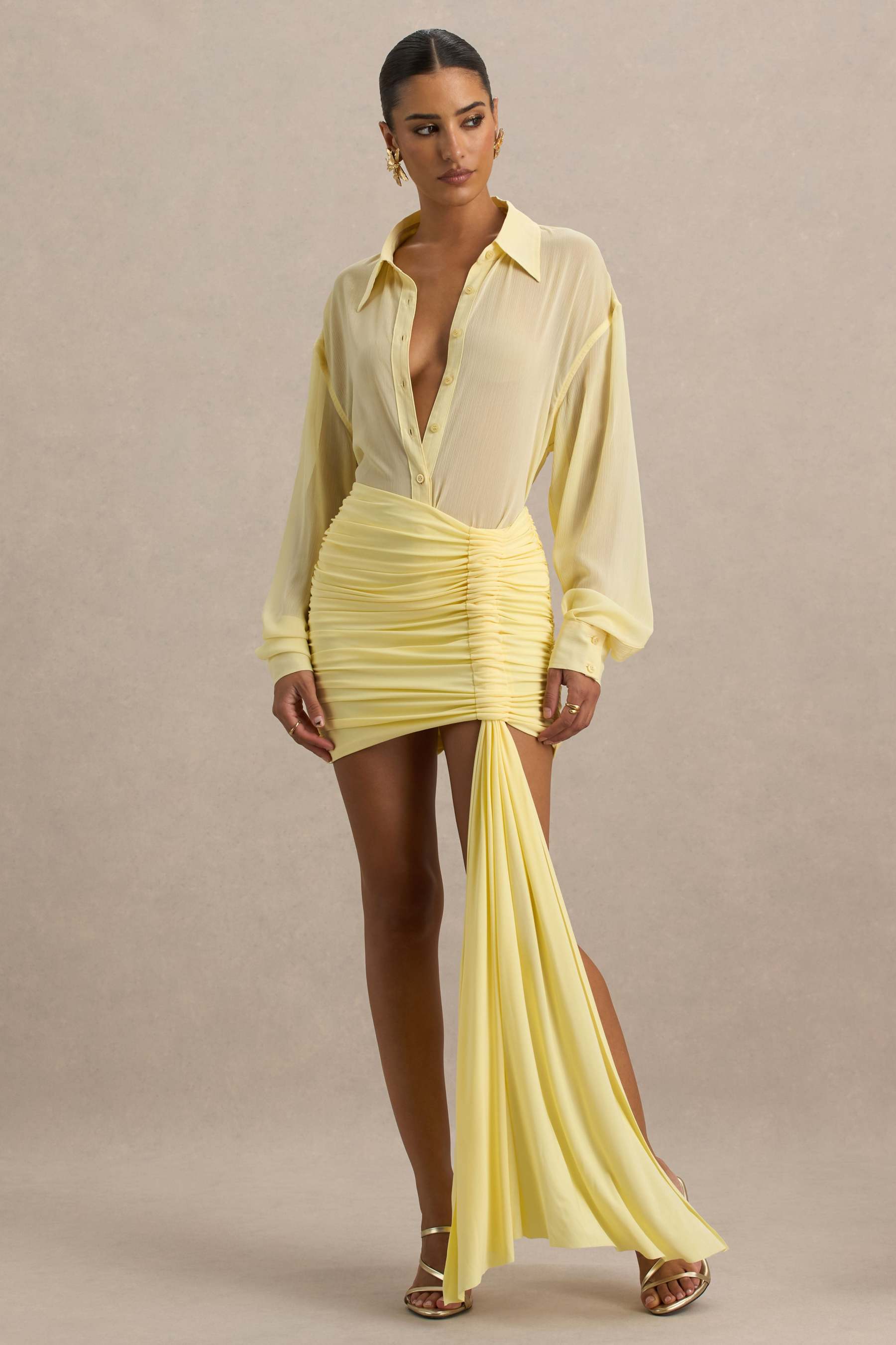 Lemon Ruched Wrap Mini Skirt With Sash