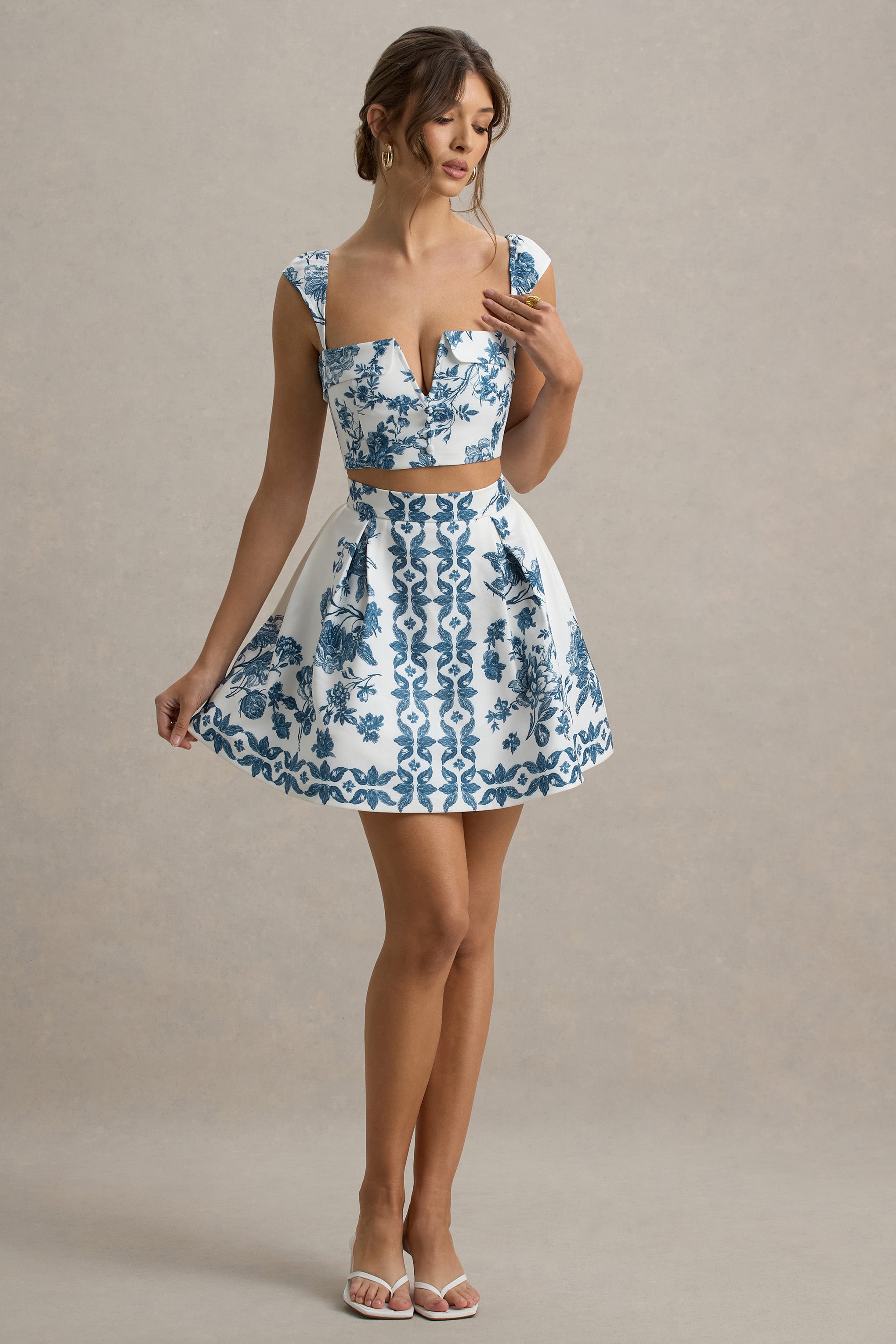 Blue Porcelain Print Skater Mini Skirt