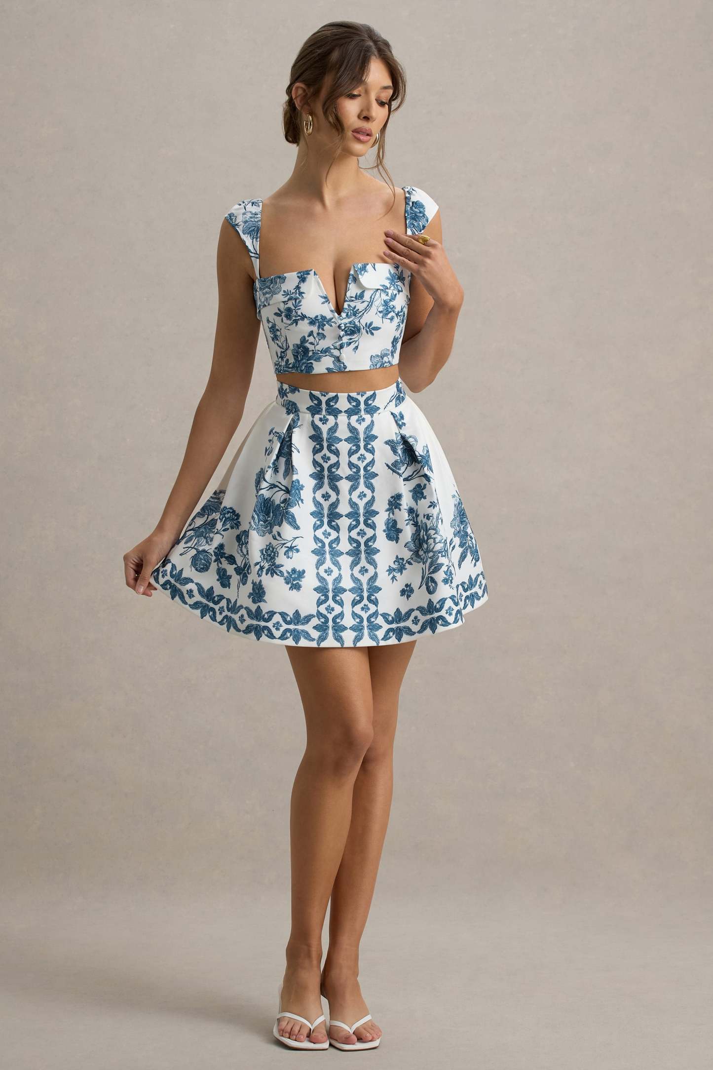 Blue Porcelain Print Skater Mini Skirt