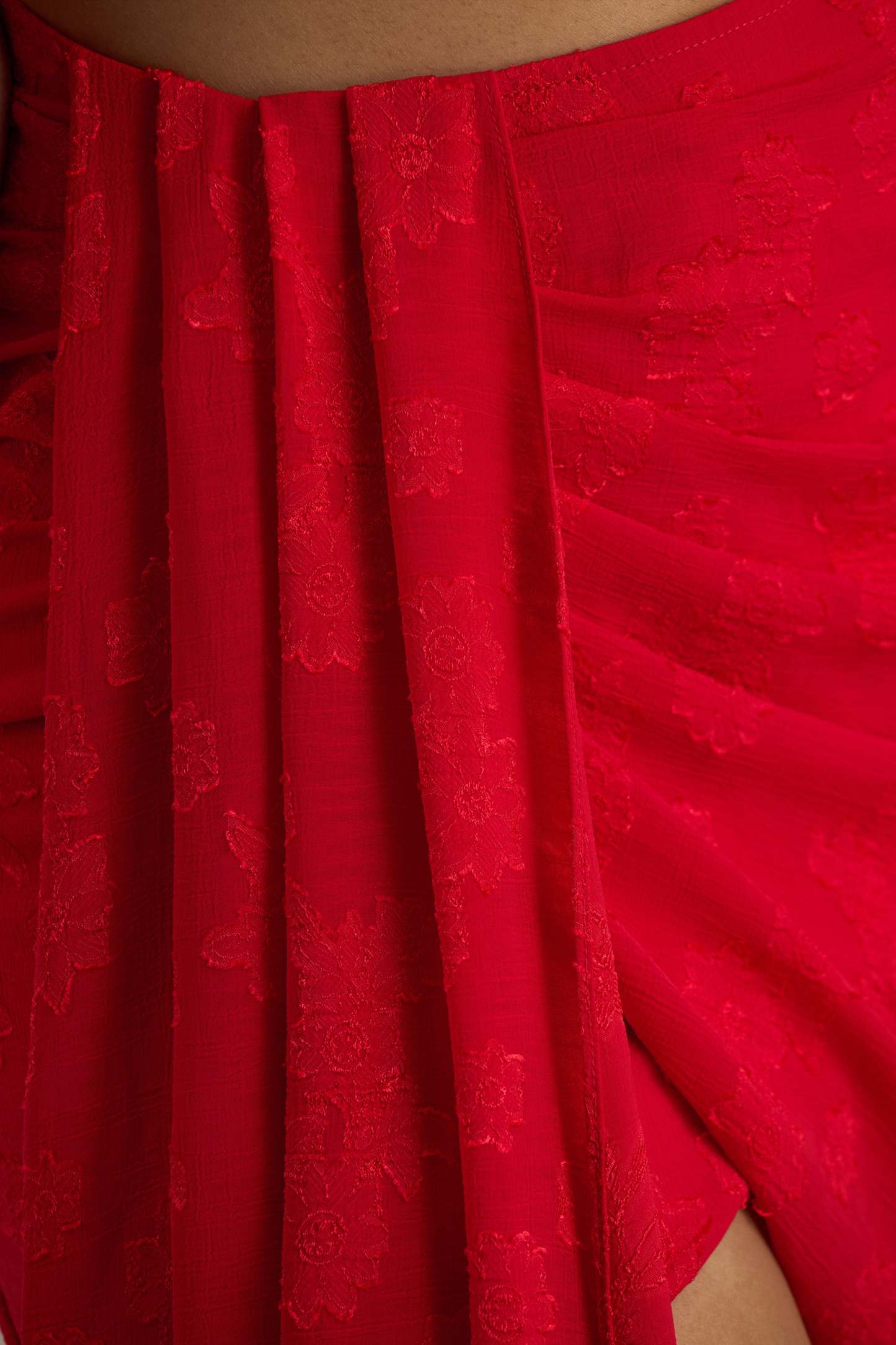 Red Satin Devore Wrap Mini Skirt With Sash Detail