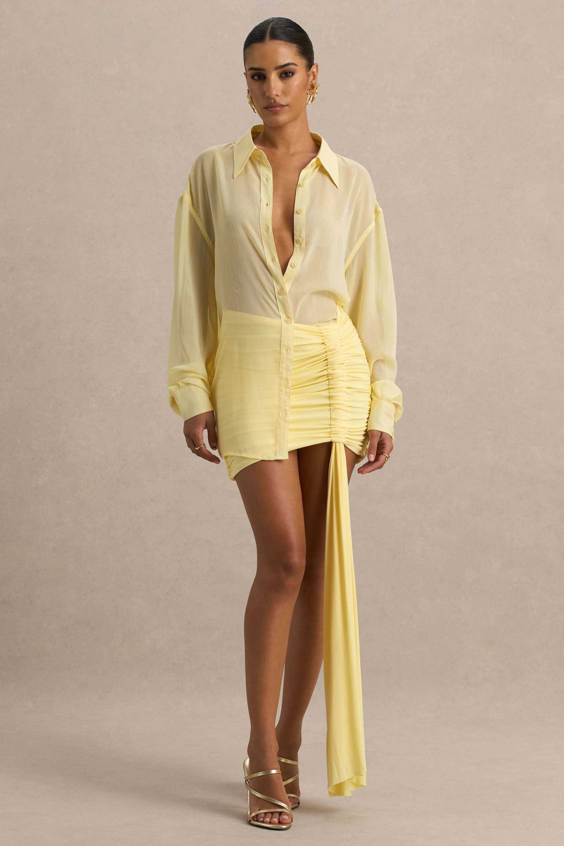 Lemon Ruched Wrap Mini Skirt With Sash