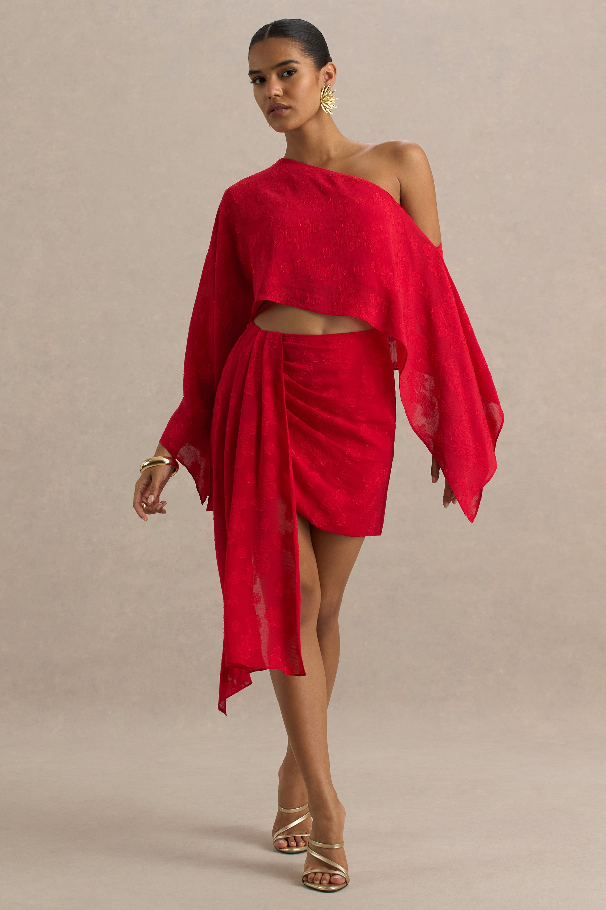 Red Satin Devore Wrap Mini Skirt With Sash Detail