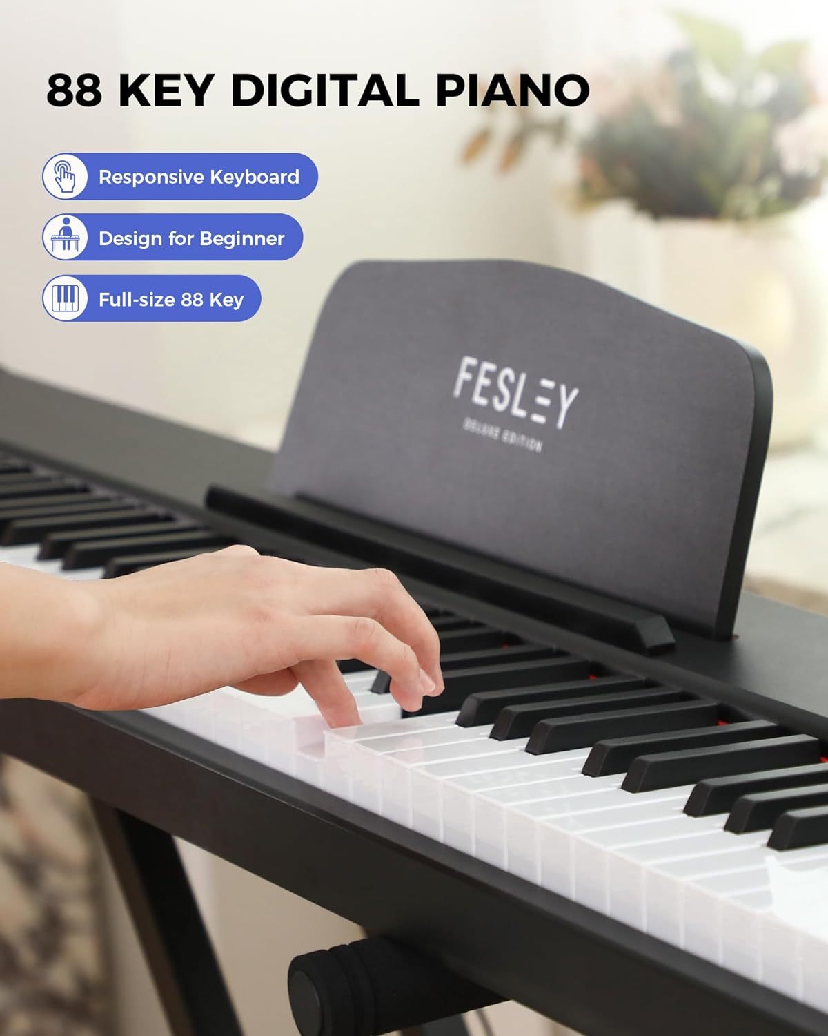 Fesley FEP300X Semi-weighted Piano Keyboard 88 Keys with Stand- Black