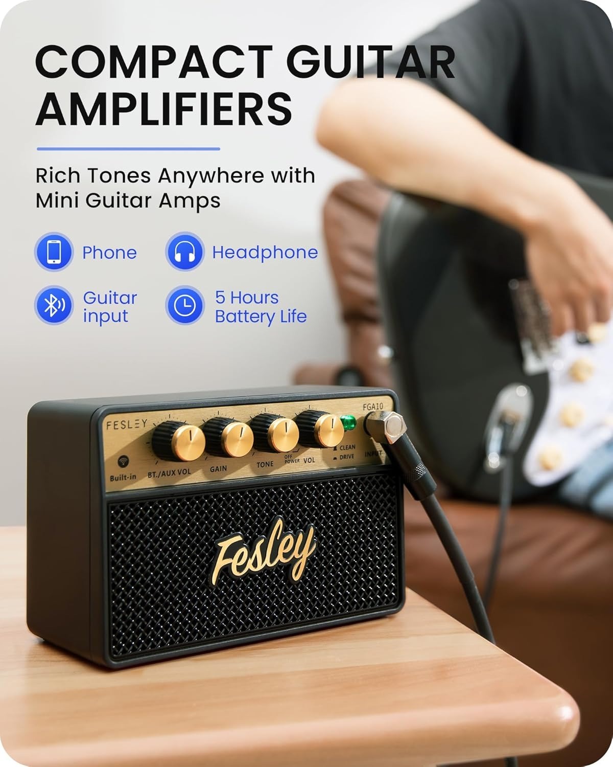 Fesley Mini Guitar Amp10W Portable Recharged Guitar Amplifier Headphone FGA10