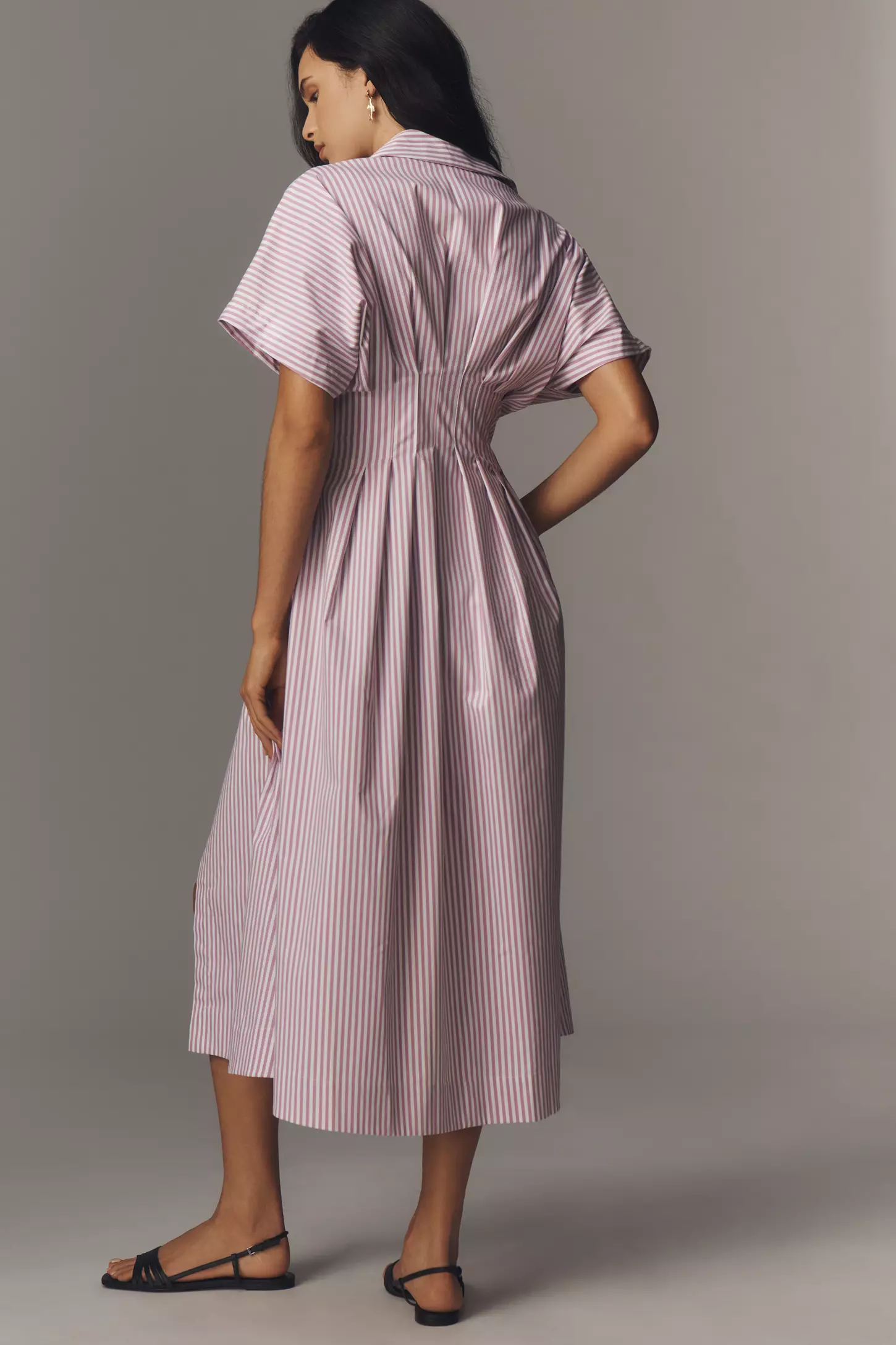 Button-Front Pleated Midi Shirt Dress (Buy 2 Free Shipping)