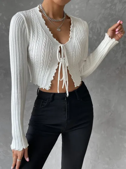 Elegant Tie-Front Cropped Knit Cardigan